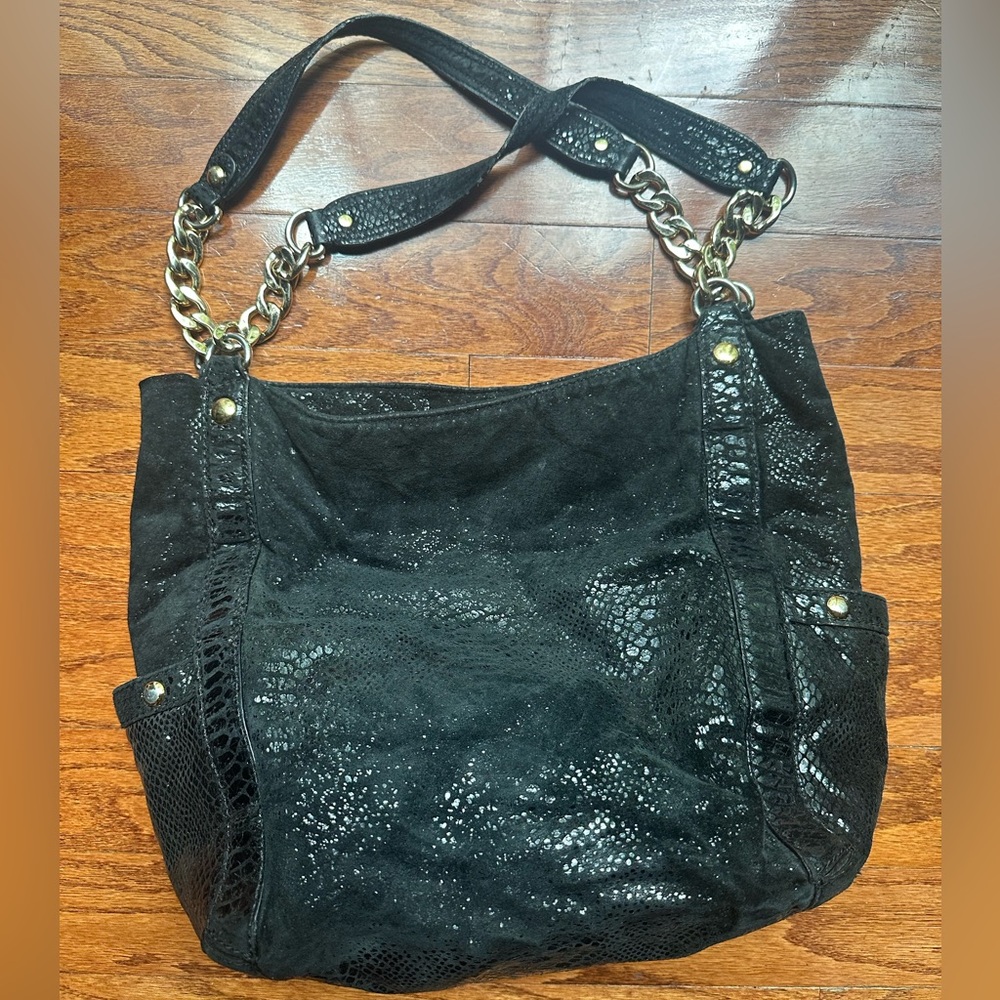 Michael Kors Delancy black snakeskin leather tote bag with gold studded details. - Picture 2 of 5